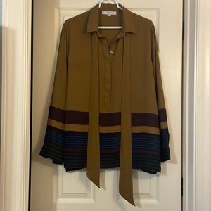 Ann Taylor LOFT tie-neck button down blouse in mustard/olive, size Large